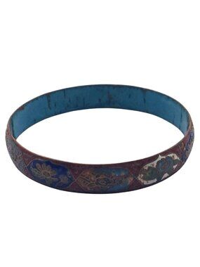 Vintage Cloisonné Enamel Floral Bangle Bracelet Blue Interior Size 8